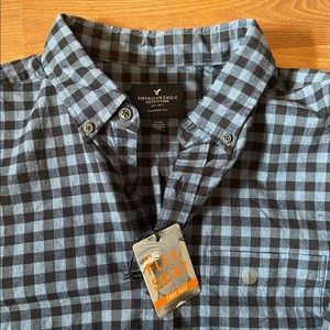 American Eagle Shirt Mens Large Blue Black Plaid Flex Long Sleeve Button Up